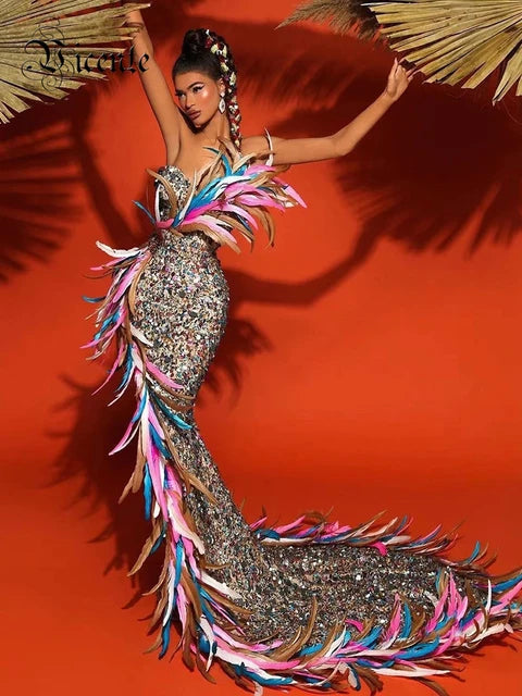 Colorful Feathers Long Dress Off the Shoulder Skirt Sexy Bodycon Mermaid Fashion Evening Party Dress Vestido Celebration