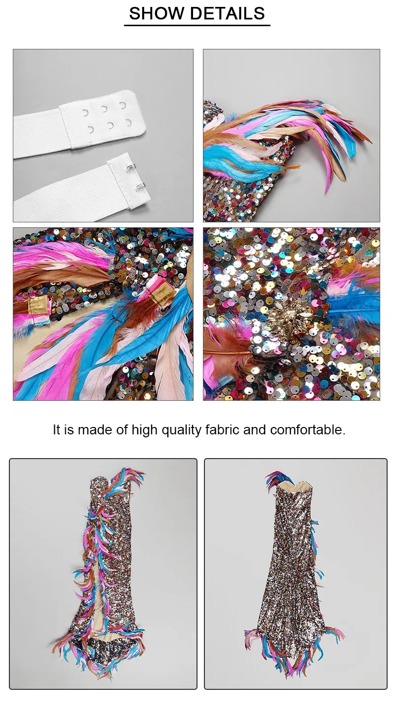 Colorful Feathers Long Dress Off the Shoulder Skirt Sexy Bodycon Mermaid Fashion Evening Party Dress Vestido Celebration