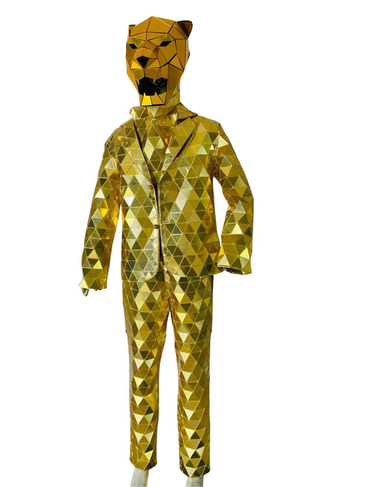 Gold Mirror Man with Lion Helmet for Disco Party DJ Adult Stage Street Costume