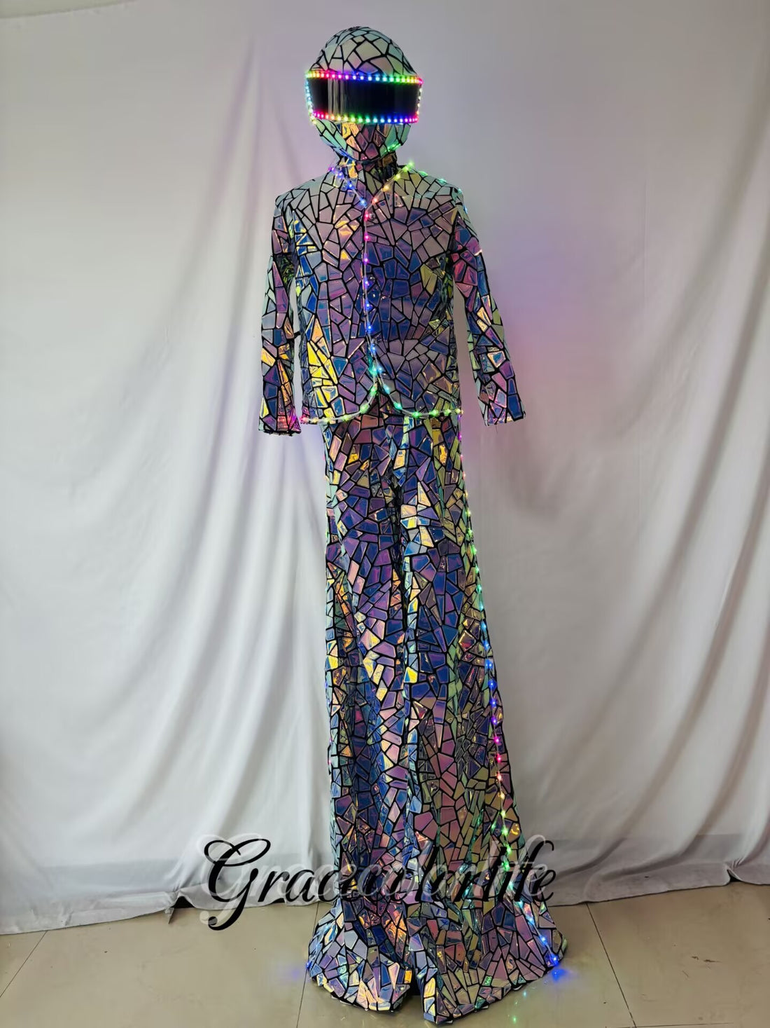 Modern Purple Laser Glass LED Stilt Walker Mirror Robot Design Costume for Ballroom Performance Wear Dance for Singer Outfit(LED MIRROR 8)