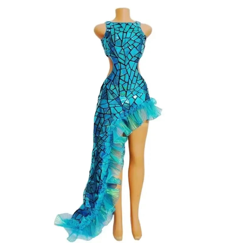 Mermaid Irregular Long Dress Lake Blue Laser Mirror Women  (MJ-002)