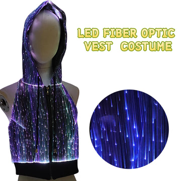 Woman LED Fiber Optic Light-Up Hooded Vest Multi-Color Glow for Stage & Festival Performances
