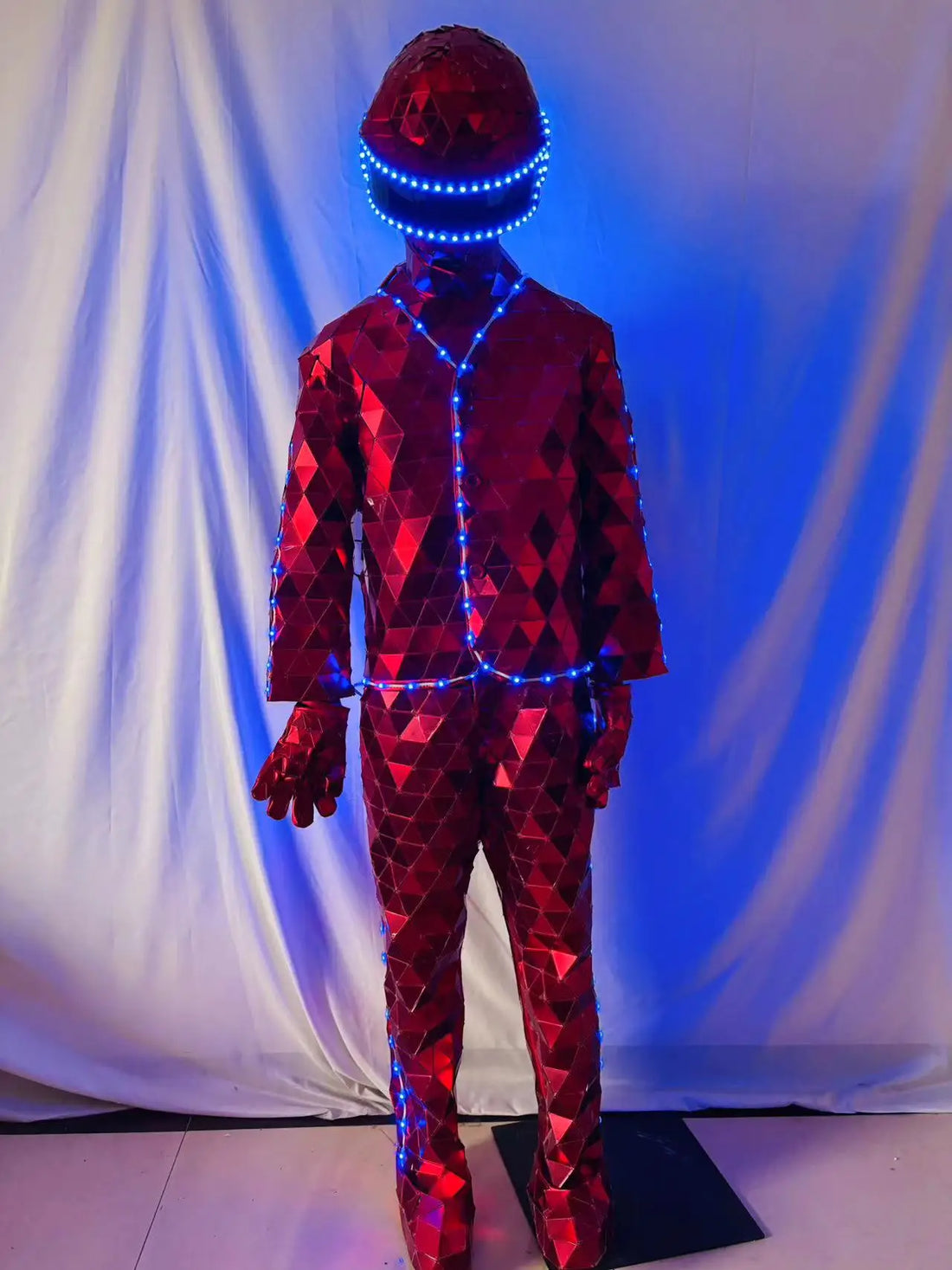 Hand Sewn Red LED Mirror Costume Man Show  Stage Dress Performance Mask Suit Holloween Cosplay Clothing