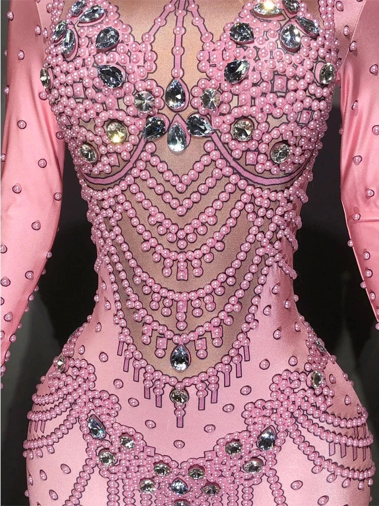 New Arrival Pink Crystals Jumpsuit Bling Glass Diamond Skinny Elastic Bodysuit Celebrate Costume Stage Performance