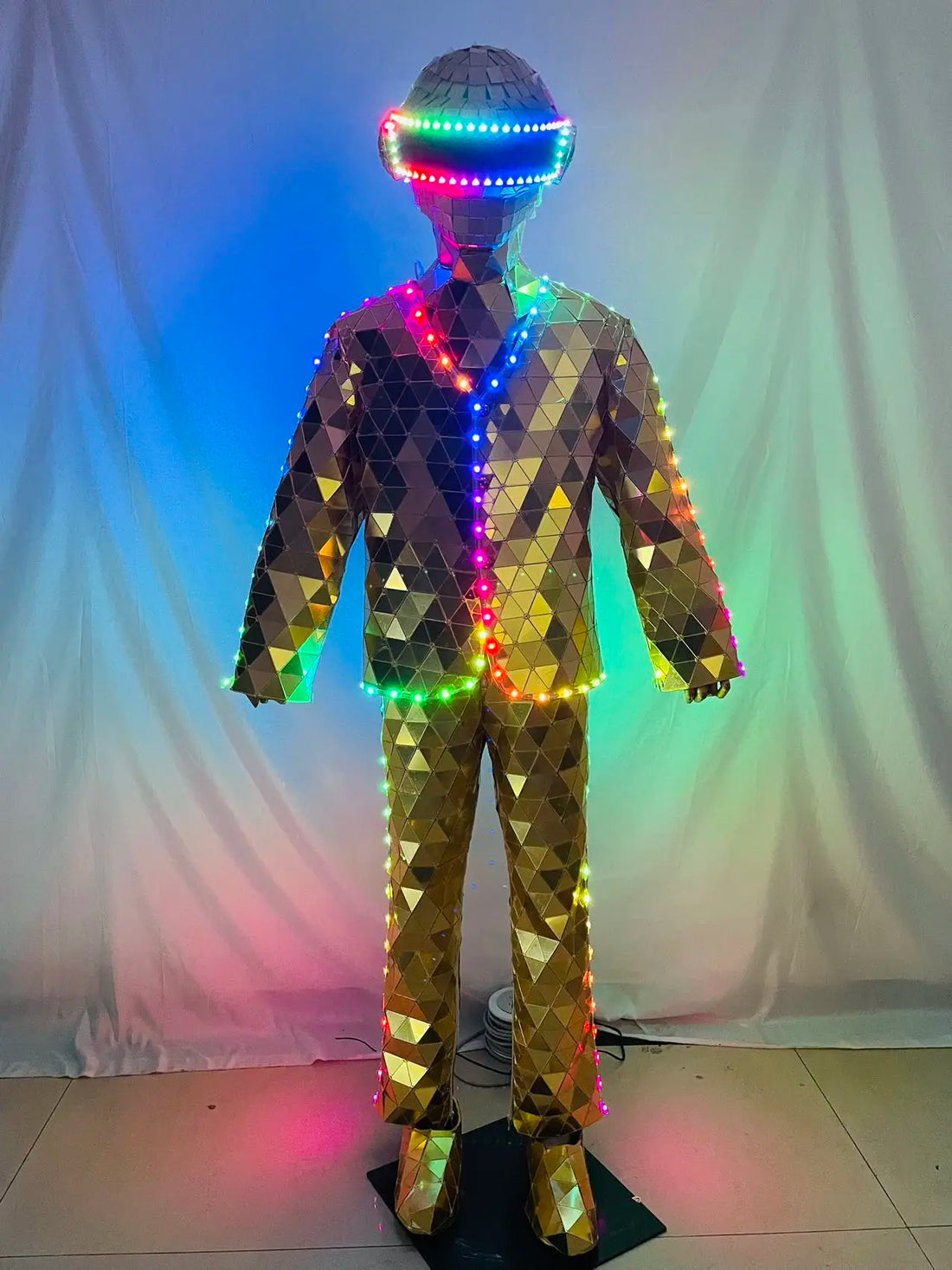 Gold Hand Sewn LED Stilts  Mirror Show Suit Stage Performance Suit