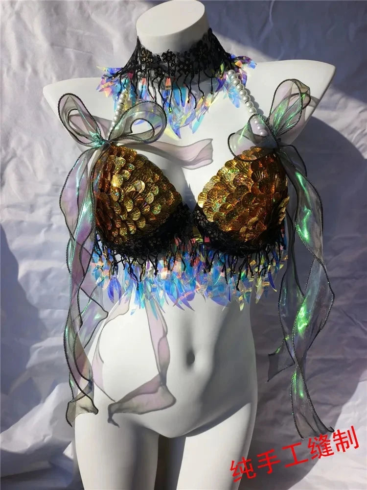 Sexy Silver Scale Sequin Bikini Set Singer Belly Pole Dance Dancer