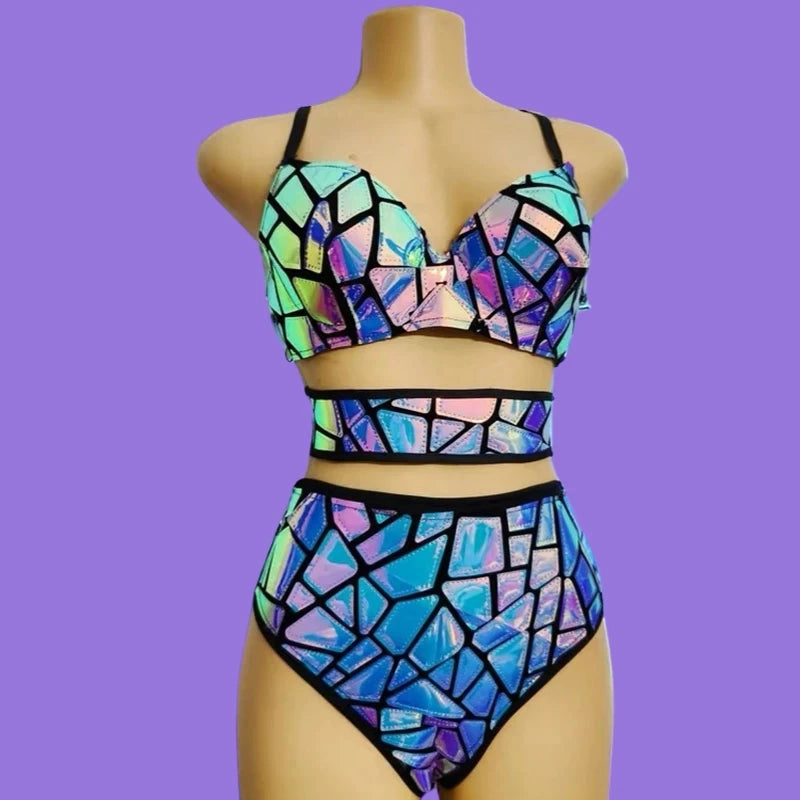 Holloween Sexy Bikini Laser Mirror Stage Costume Wings Suit Nightclub Bar Dj Performance Rave Clothes Women Gogo Dancers Outfits