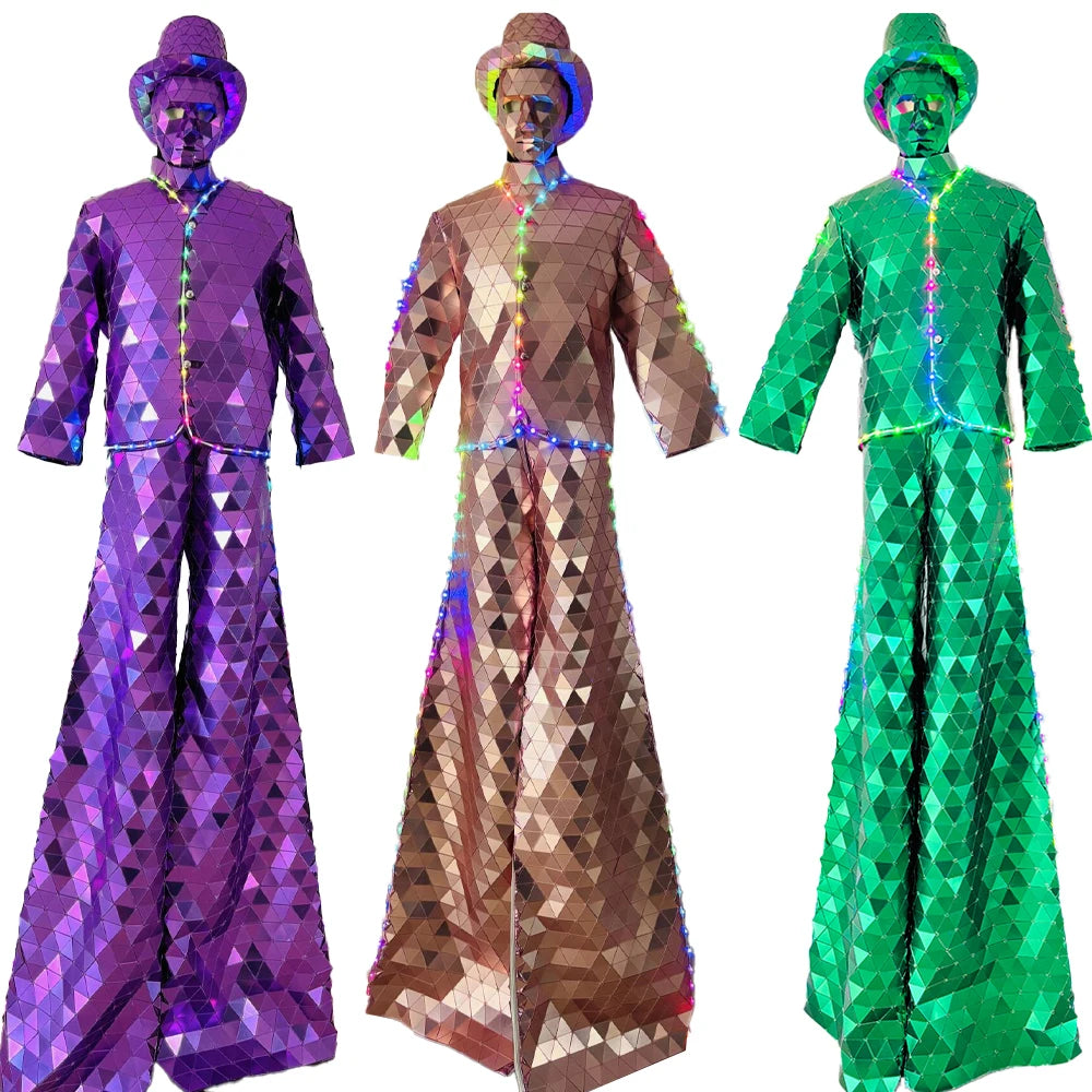 Pink Purple Green Mirror Stilts LED Suit Stage Performance Party Bar Dance