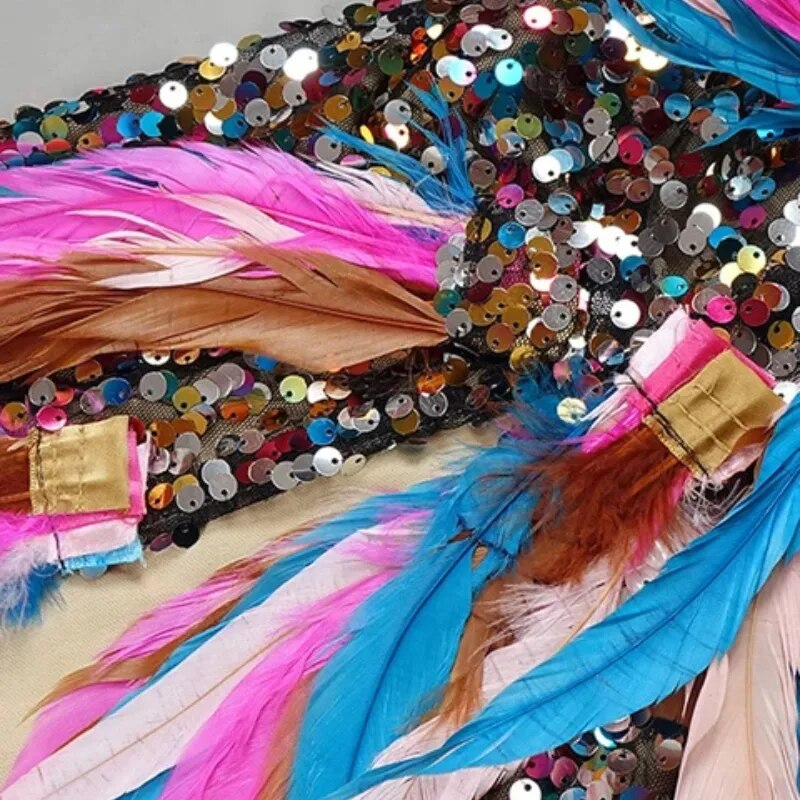 Colorful Feathers Long Dress Off the Shoulder Skirt Sexy Bodycon Mermaid Fashion Evening Party Dress Vestido Celebration