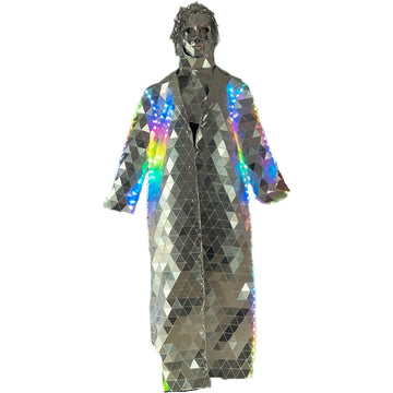 Silver Trench Coat Mirror LED Jacket Mask Male Wig Set Mens DJ Party Performance Show Dance Party Mardi Gras Party Costume