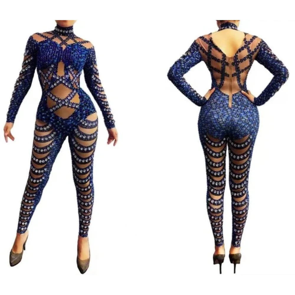 2023 New ArrivalRhinestone Transparent Long Sleeve Jumpsuit For Christmas Celebrate Costume Stage Performance Party