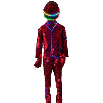 Hand Sewn Red LED Mirror Costume Man Show  Stage Dress Performance Mask Suit Holloween Cosplay Clothing