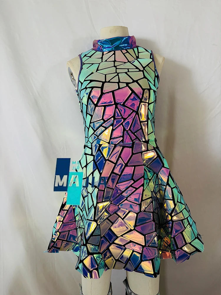 Sexy Laser Reflective Similar Metallic Mirror Dress Women's Pants Cover Gogo Dance Suit