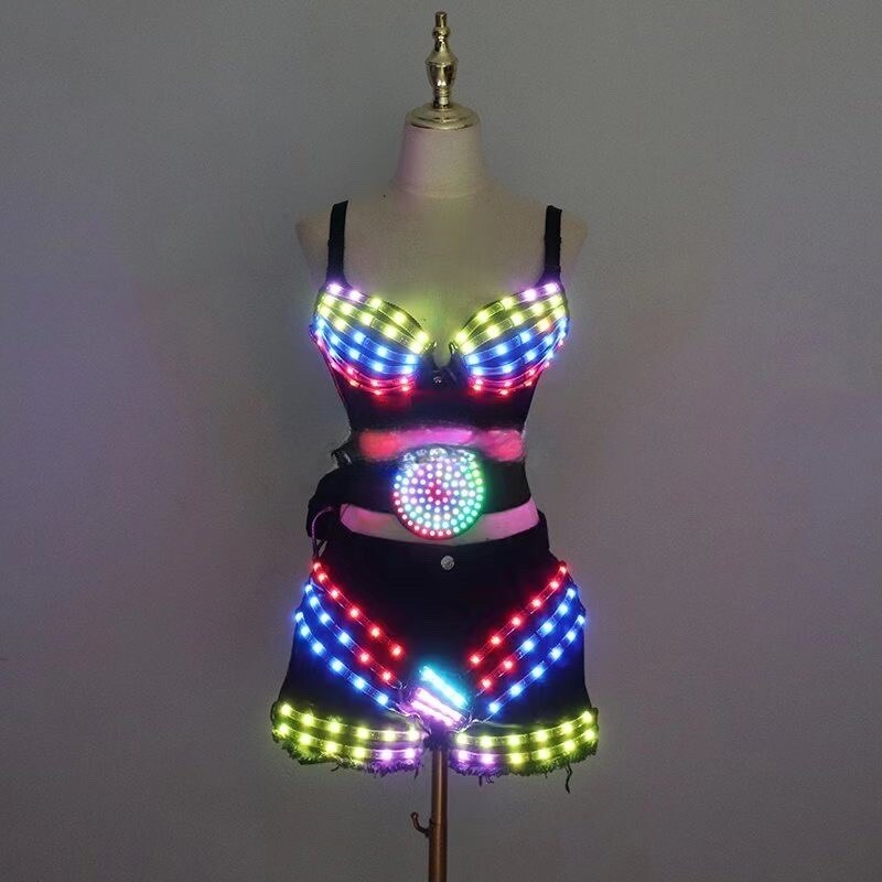 New LED Costumes Light Up Bra Sexy Lady Party Dance Suits With Belt DJ Nightclub Bar Glowing Clothing Stage Show Tutu Skirt