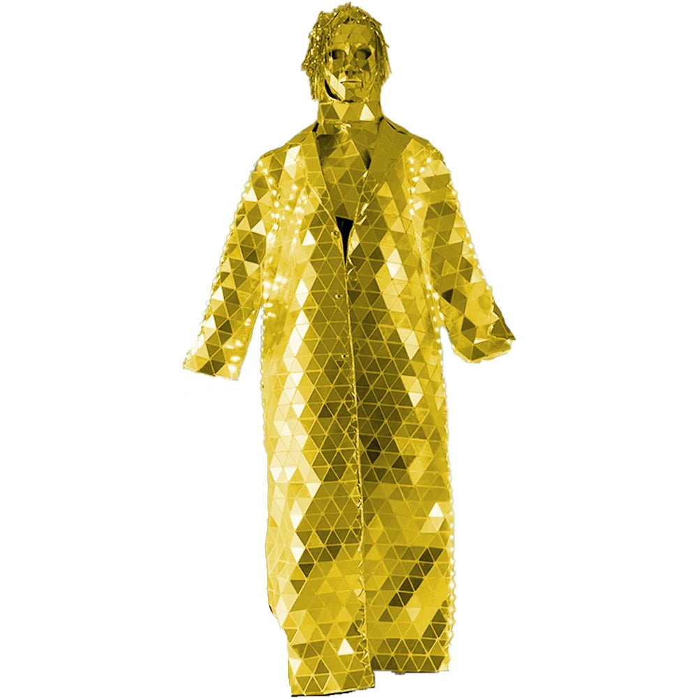 Silver Trench Coat Mirror LED Jacket Mask Male Wig Set Mens DJ Party Performance Show Dance Party Mardi Gras Party Costume