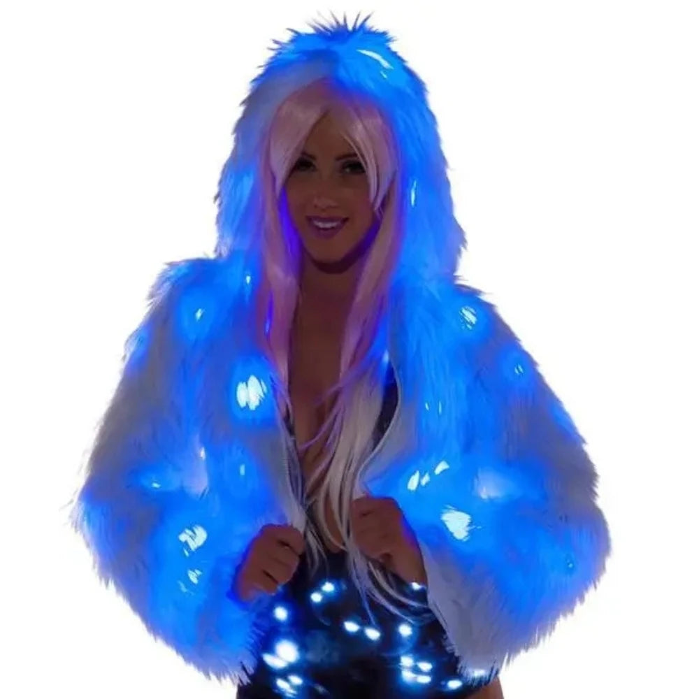 LED Faux Fur Coat WomenLighting Up Costume Luminous Jacket Warm Clothes Stage Performance Christmas Holiday Party Nightclub DJ
