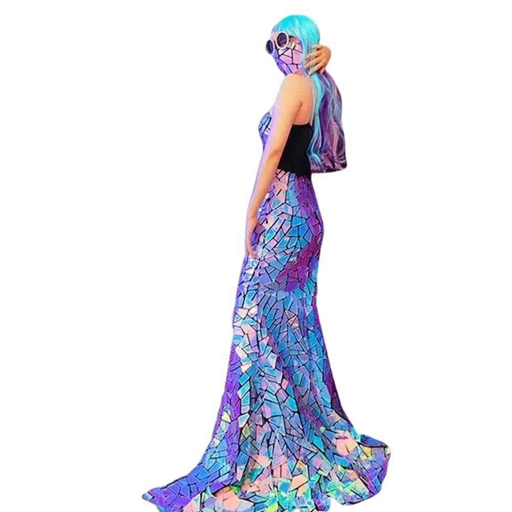 Model Trailing Gown Luxury Sequins Laser Mirror High Split Long Dress MJ-005