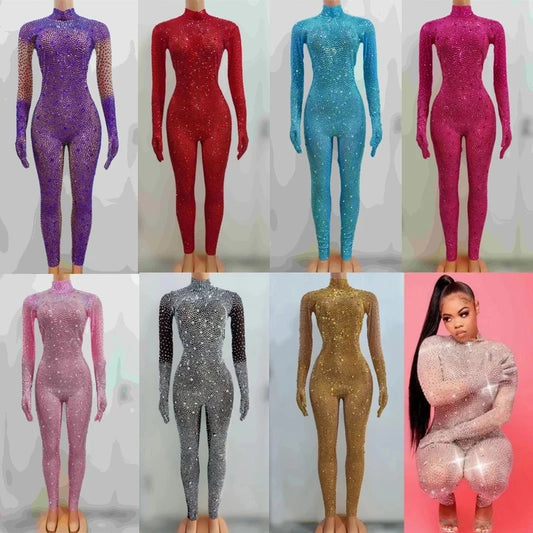 2023 New Arrival Women Full Rhinestones Jumpsuit For Christmas Celebrate Costume Stage Performance Party