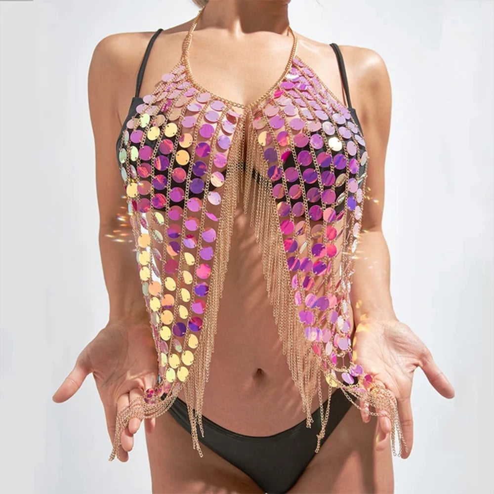 Festival Bling Plastic Sequined Crop Tops Women Sexy Metal Chain Tassel