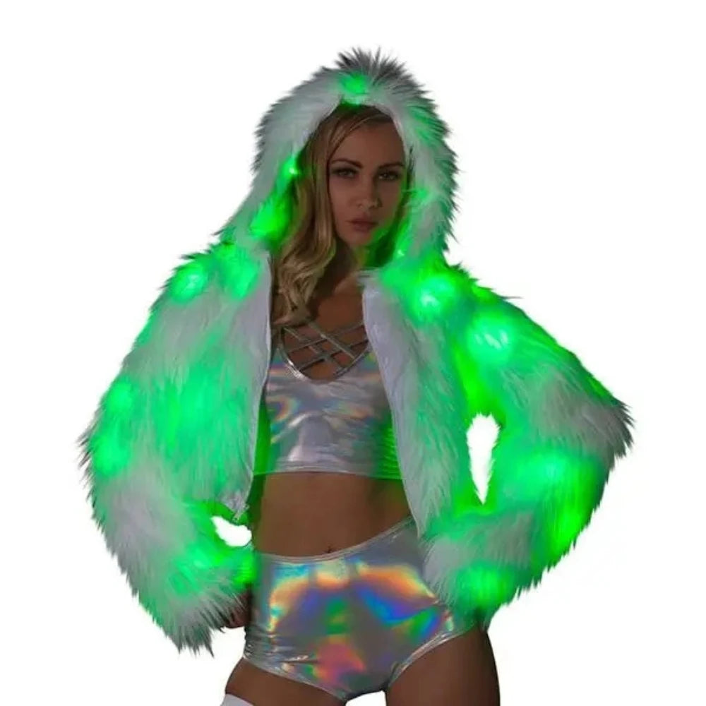 LED Faux Fur Coat WomenLighting Up Costume Luminous Jacket Warm Clothes Stage Performance Christmas Holiday Party Nightclub DJ