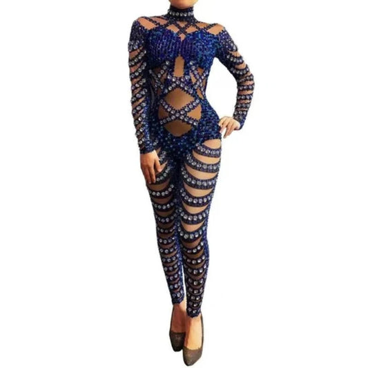 2023 New ArrivalRhinestone Transparent Long Sleeve Jumpsuit For Christmas Celebrate Costume Stage Performance Party