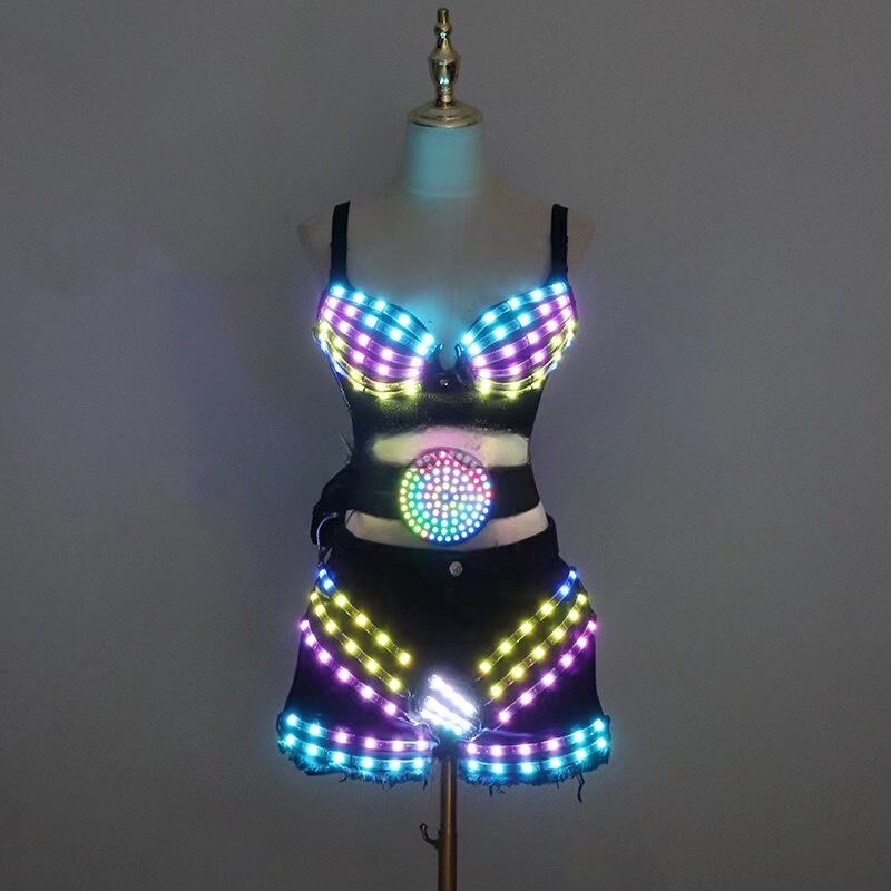 New LED Costumes Light Up Bra Sexy Lady Party Dance Suits With Belt DJ Nightclub Bar Glowing Clothing Stage Show Tutu Skirt