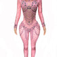 New Arrival Pink Crystals Jumpsuit Bling Glass Diamond Skinny Elastic Bodysuit Celebrate Costume Stage Performance