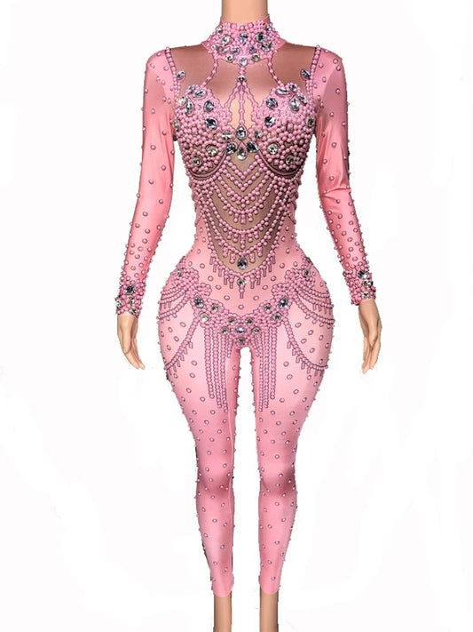 New Arrival Pink Crystals Jumpsuit Bling Glass Diamond Skinny Elastic Bodysuit Celebrate Costume Stage Performance