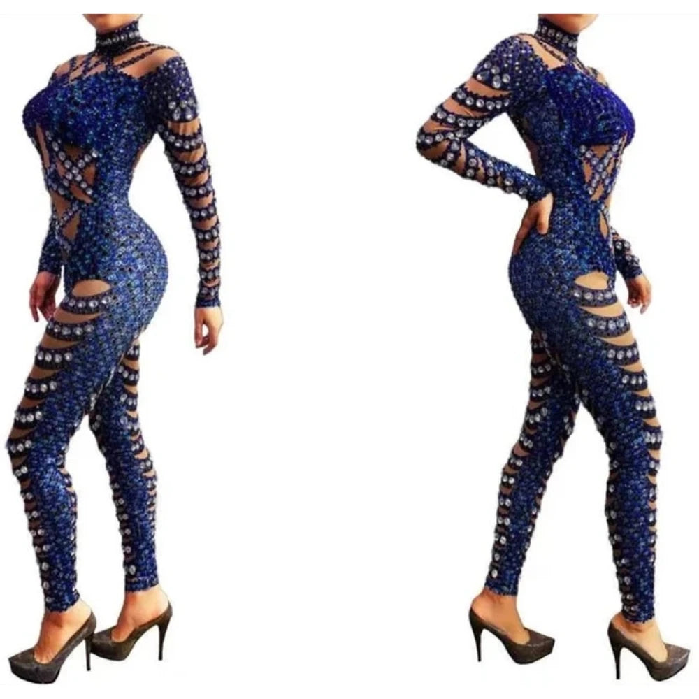 2023 New ArrivalRhinestone Transparent Long Sleeve Jumpsuit For Christmas Celebrate Costume Stage Performance Party