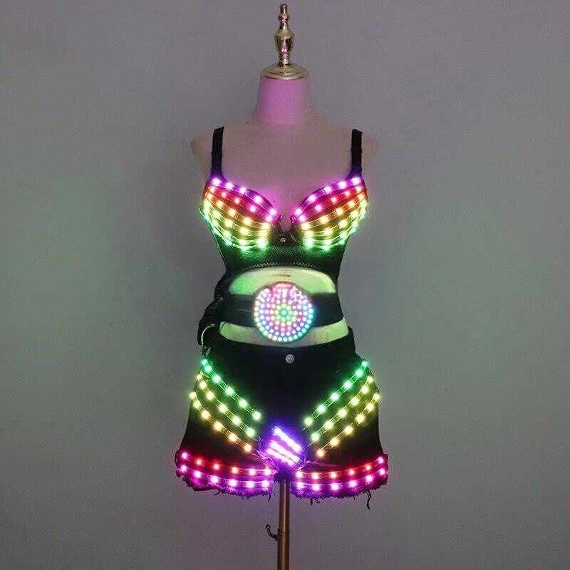 New LED Costumes Light Up Bra Sexy Lady Party Dance Suits With Belt DJ Nightclub Bar Glowing Clothing Stage Show Tutu Skirt