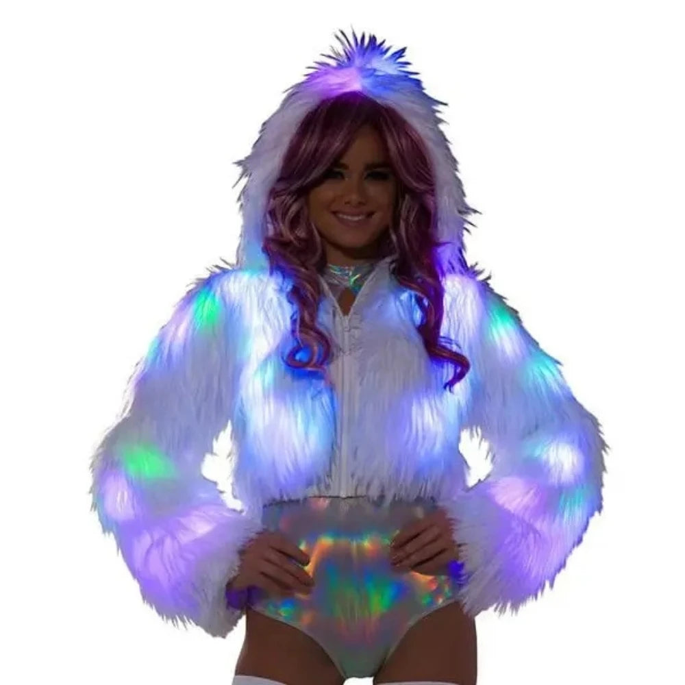 LED Faux Fur Coat WomenLighting Up Costume Luminous Jacket Warm Clothes Stage Performance Christmas Holiday Party Nightclub DJ