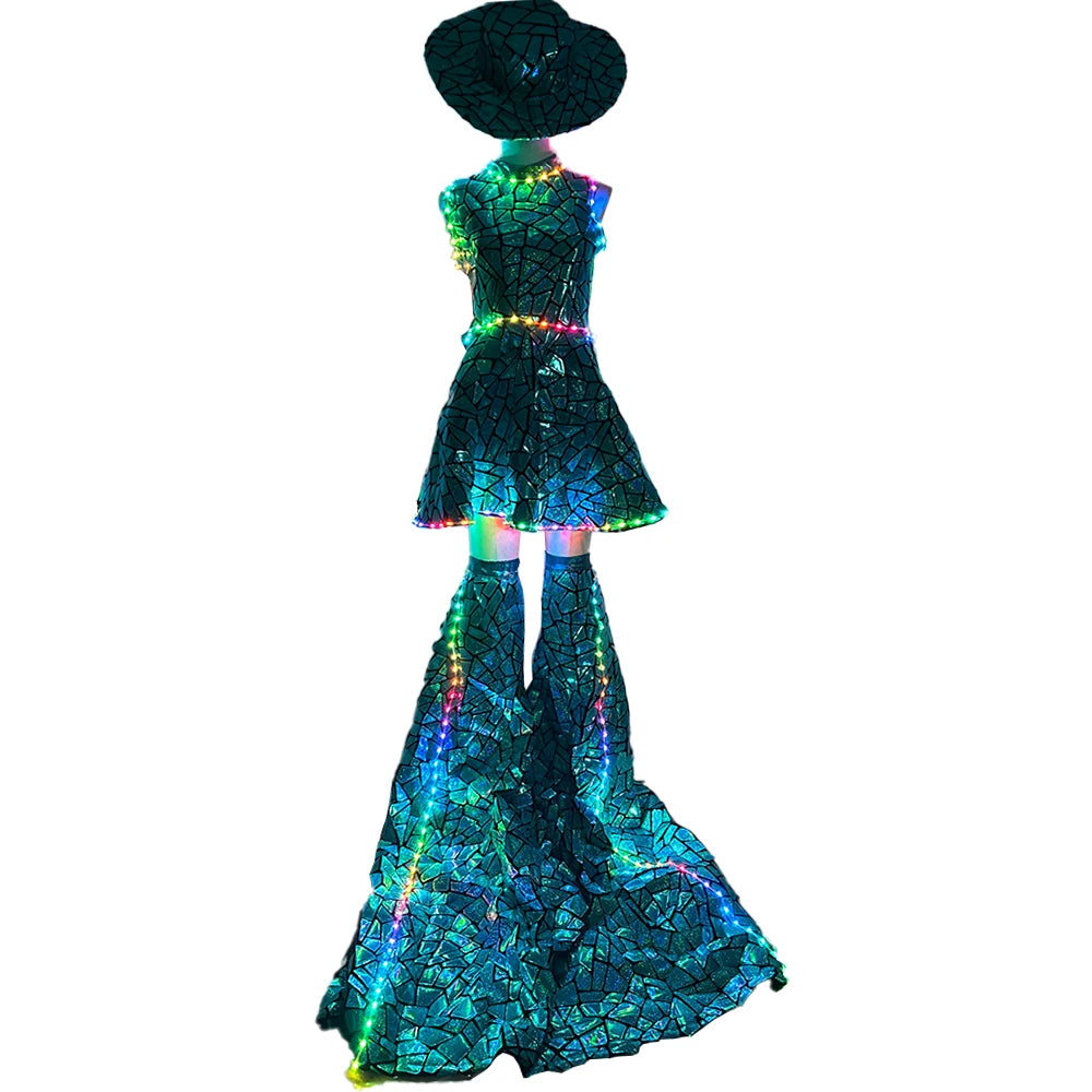 Women's LED Stilts Glossy Dress Women Evening Birthday Outfit Sleeveless Shiny Laser PU Bar DJ Gogo Dancer Singer Stage Costume