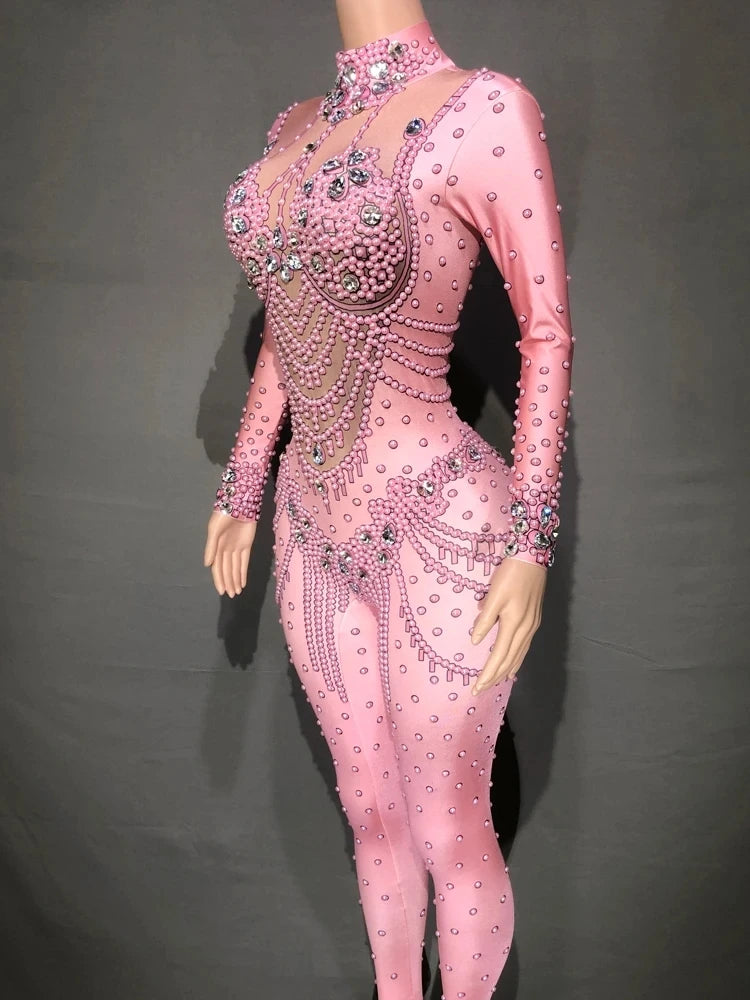 New Arrival Pink Crystals Jumpsuit Bling Glass Diamond Skinny Elastic Bodysuit Celebrate Costume Stage Performance