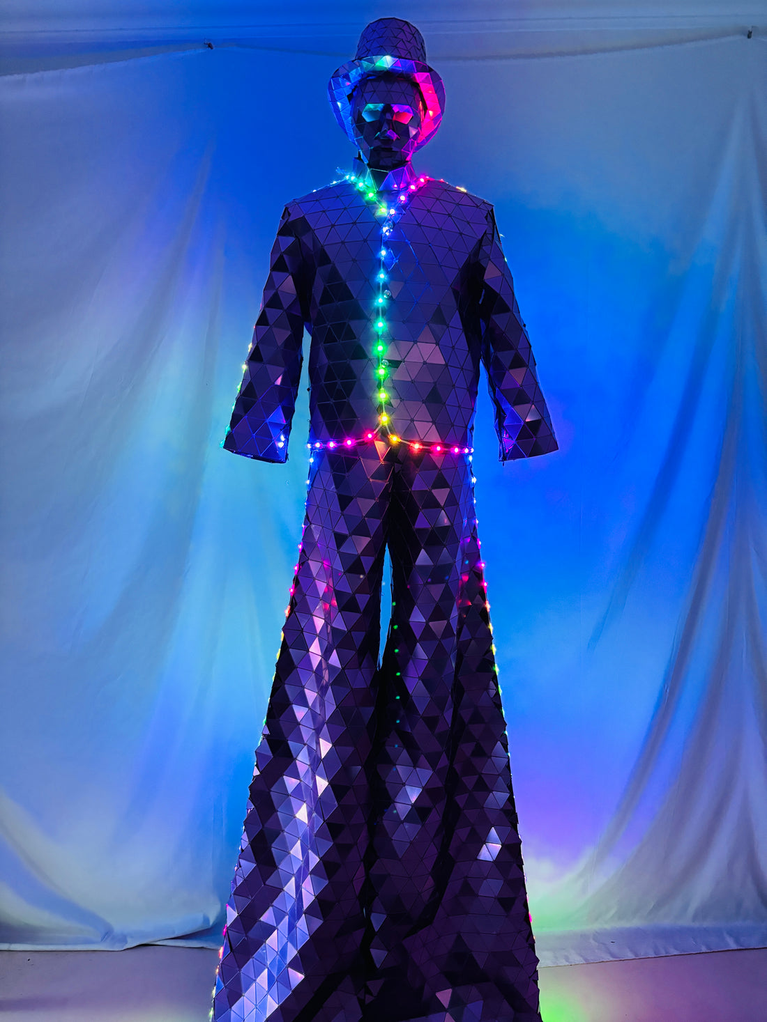 Purple Mirror Costume Stilts Walker led Robot suit Costume