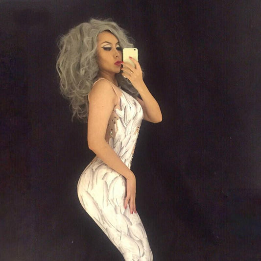 Women New White Feathers 3D Printed Sexy Jumpsuit