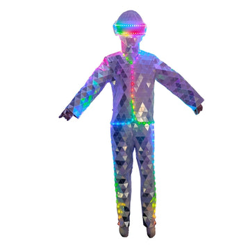 Hand Sewn Silver Stilts Walker LED Mirror Man Show Stage Dress Performance Mask Costume Glass Cosplay Clothing