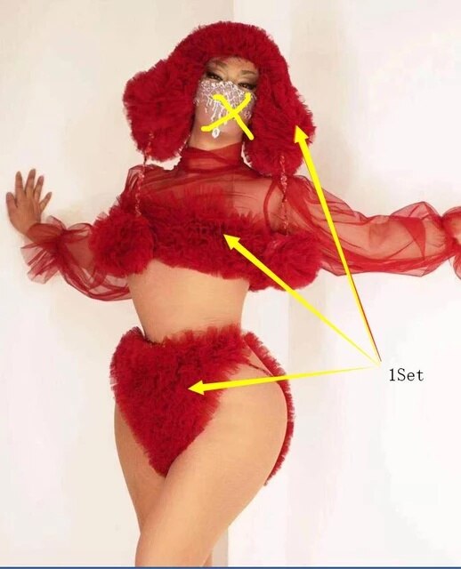Nightclub Party Rave Festival Show Sexy Red White Mesh Bikini Cap Outfit Women DJ Singer Dancer Pole Dancing Performance Costume