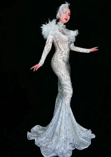 Elegant White Rhinestone Wedding Party Dress Women Birthday Celebration Feathers Mermaid Dress Singer Long Dress Stage Clothes