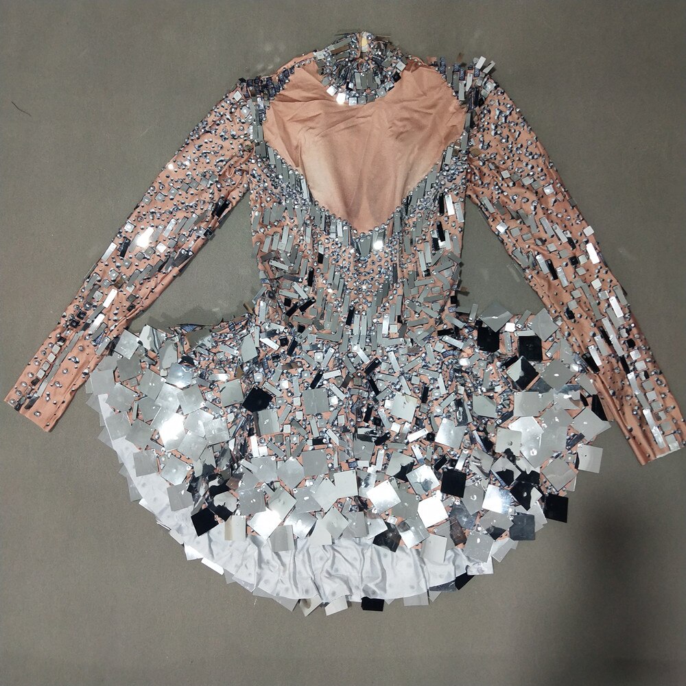 Sexy Stage Wear Glitter Silver Crystal Sequin Bodysuit