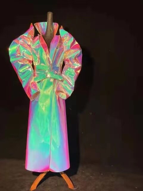 Reflective Rave dj lady gaga show music Festival singer Luminous fabric Laser Colours Leather Design Trench coat