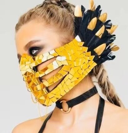 singer silver adult female sexy mask Program performance video Mirror Mask Feather Women Dance Mask Night club DJ Performance