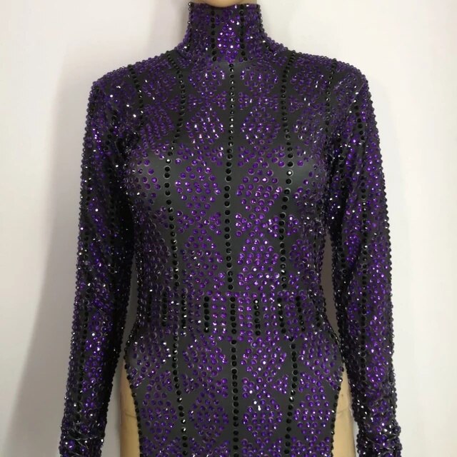 Black Purple Rhinestones Dress One Piece Dress Female Costumes Sexy Singer Dancer Nightclub Stag Party Modern Dance Stage Wears