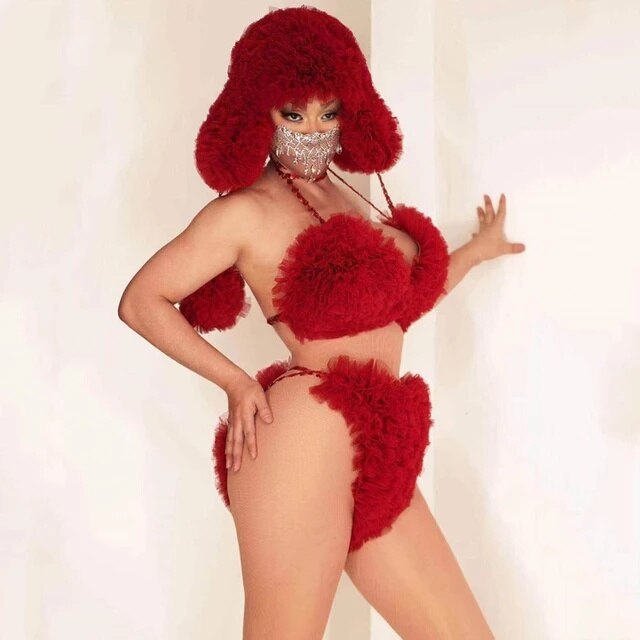 Nightclub Party Rave Festival Show Sexy Red White Mesh Bikini Cap Outfit Women DJ Singer Dancer Pole Dancing Performance Costume