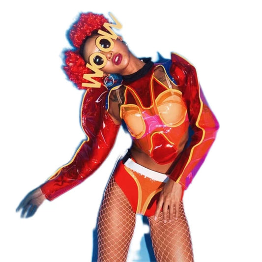 Nightclub Bar Female Singer DJ Jazz Dance Costumes Red Transparent Bodysuit