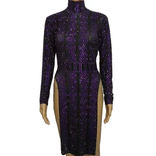 Black Purple Rhinestones Dress One Piece Dress Female Costumes Sexy Singer Dancer Nightclub Stag Party Modern Dance Stage Wears