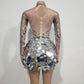 Sexy Stage Wear Glitter Silver Crystal Sequin Bodysuit