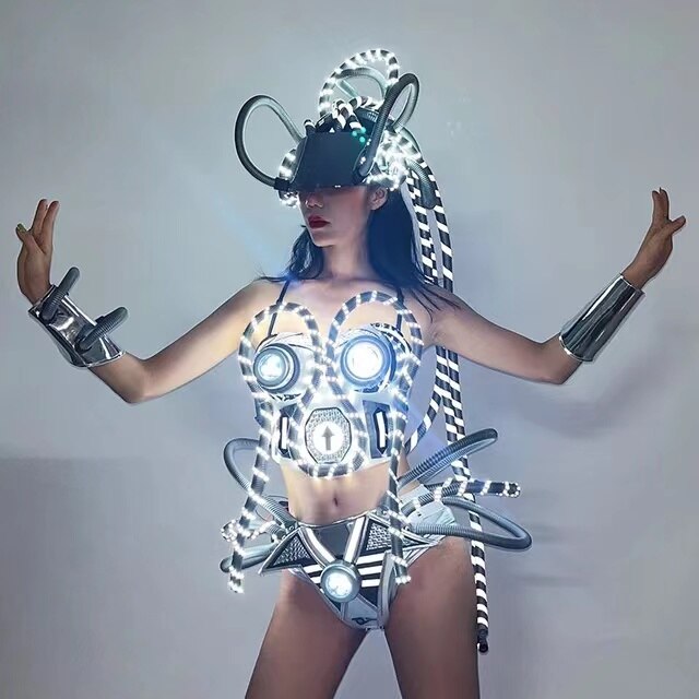 Nightclub Gogo Dancer Performance Stage Costume Cosplay Technology Sense LED Tops Shorts Headwear Outfit Rave Clothing