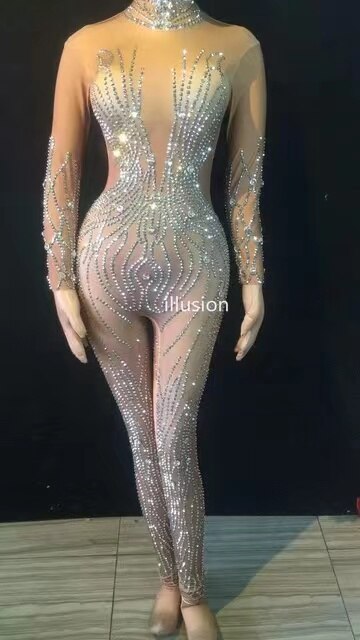 Bling Silver Rhinestones Nude Sequin Jumpsuit Sexy Club Bar Dance costume Rompers Women Jumpsuit Prom Birthday Party Outfits