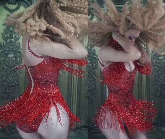 6 Colors Sparkly Rhinestones Tassel Leotard Nightclub Dance DS Show Stage Wear Stretch Bodysuit Party Female Singer Outfit