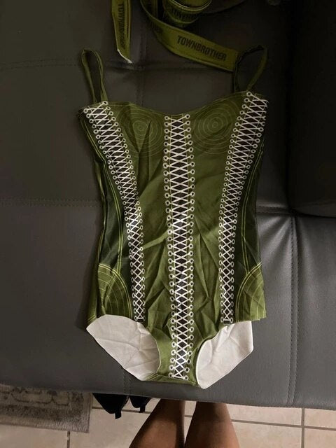 Army Green 3D Printed Bodysuit  Female Singer Stage Costume